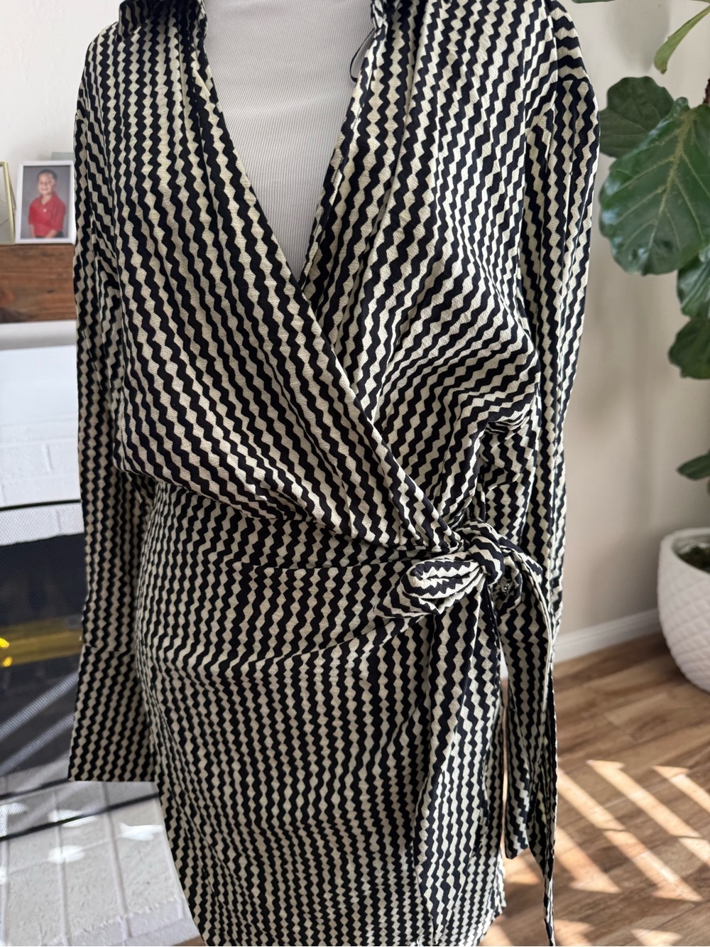 H&M Black and Cream Wrap Dress with Geometric Print